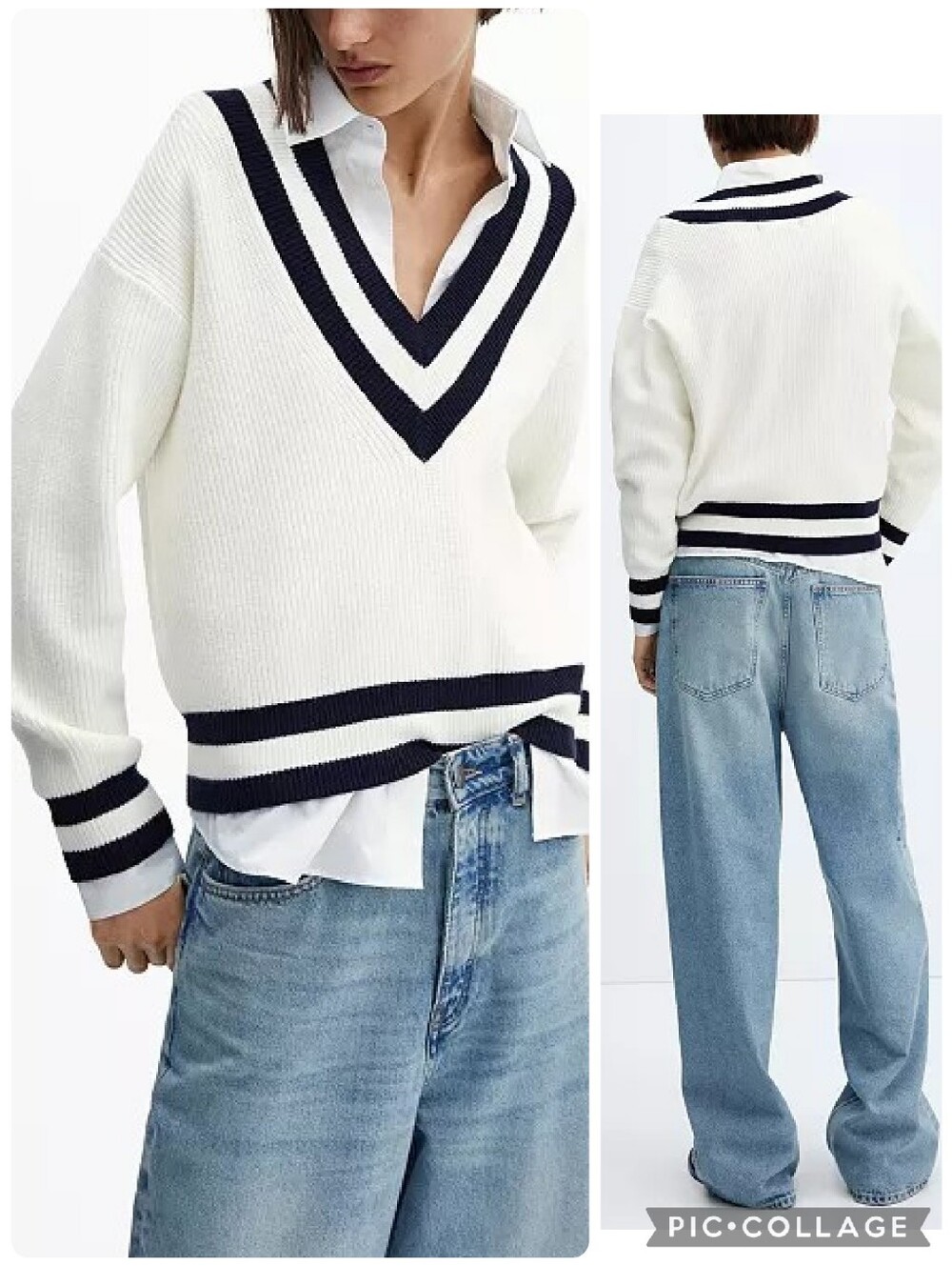 MANGO MNG White Contrast Varsity Striped V-Neck Sweater Size M